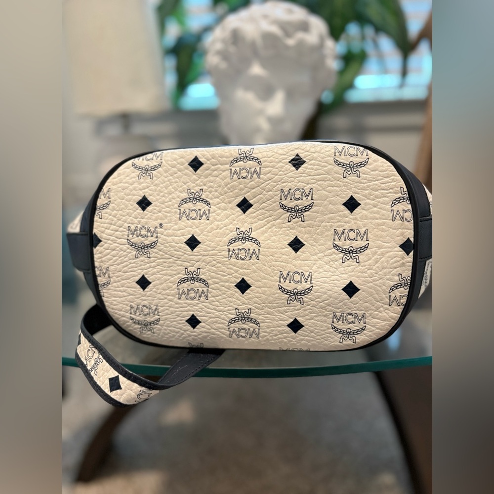 MCM White and Black Visetos Drawstring Crossbody Bucket Bag - Picture 10 of 15